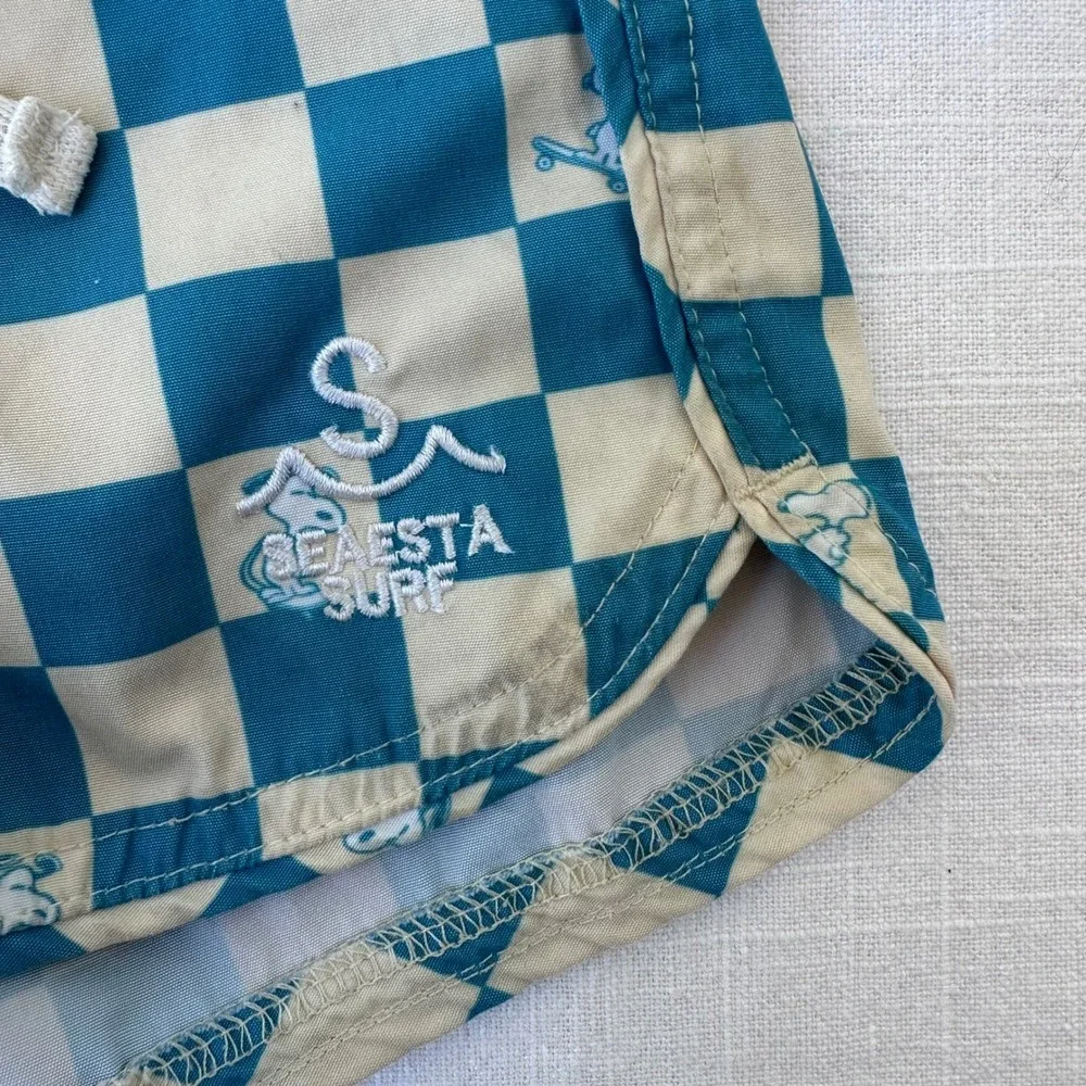 Seaesta Surf Peanuts Snoopy Skateboard Checkered Board Shorts Teal Cream Kids 3T